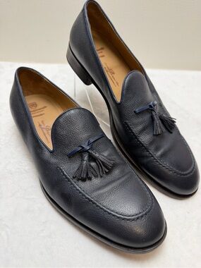 Allen Edmonds Perugia Navy Pebbled Leather Tassel Loafers Made in Italy Mens 13D
